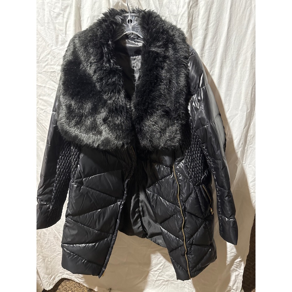 Via Spiga Black Puffer Coat Faux Fur Collar Asymmetrical Zip Geometric Quilt L